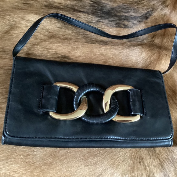 Michael Kors Oversized Id Black Leather Chain Clutch Handbag - Picture 1 of 7